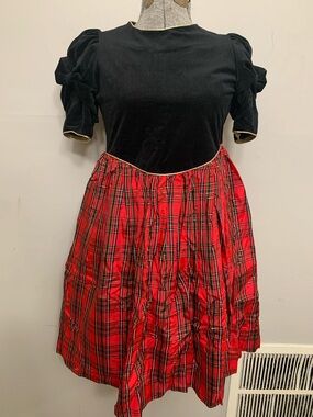 80s Black Velvet Top with Red Plaid Skirt Dress